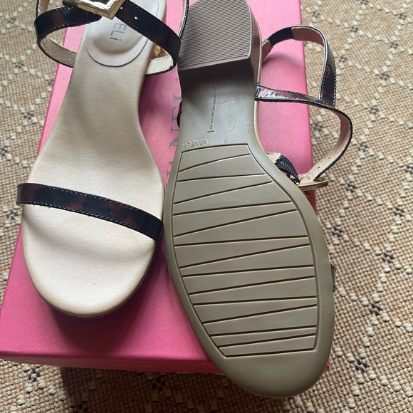 Brown/black tortoise patent leather sandals. New in box. - Picture 2 of 3